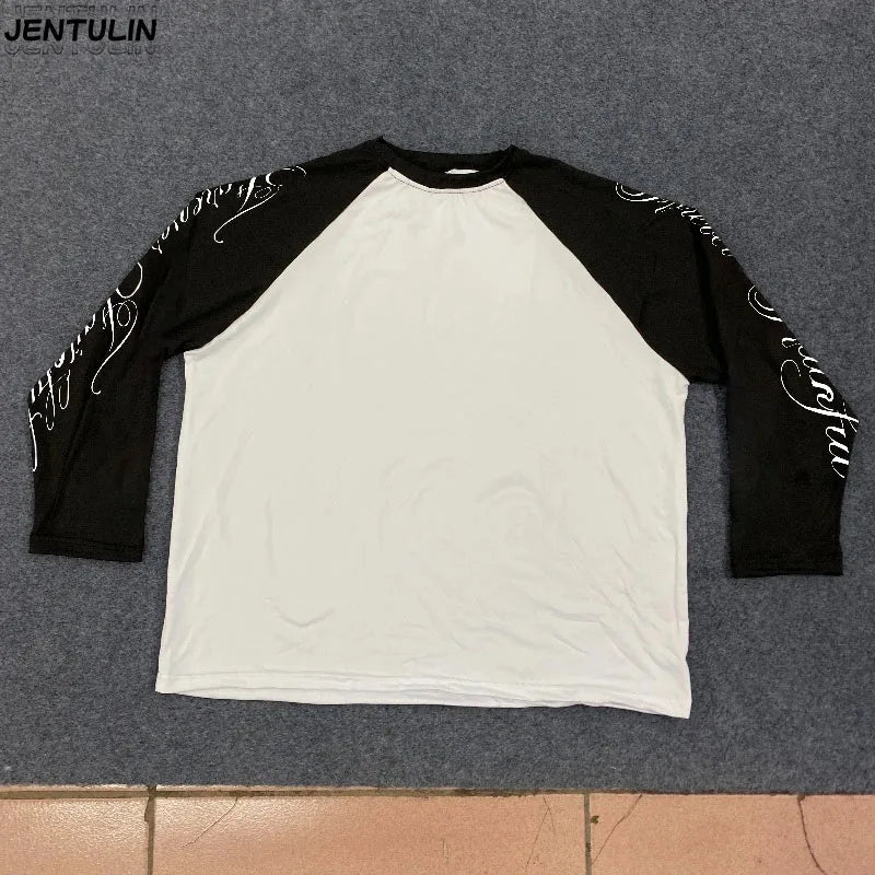 Heavy Y2K Men'S Women'S 100% Cotton round Long Sleeve T-Shirt Basic T-Shirt White Tshirt Cotton Tee Letter Long Sleeve T-Shirt